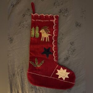 Vintage Red Felt Christmas Stocking with Velvet Embroidered Designs